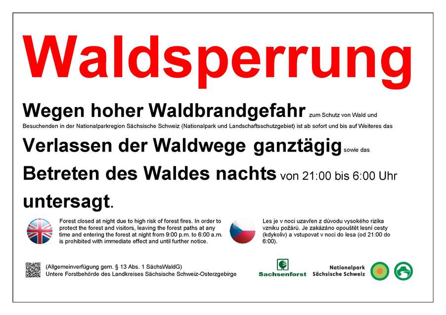 Schild Waldsperrung des Nationalparks Sächsische Schweiz