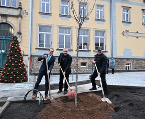 drei Personen mit Schaufel vor Rathaus