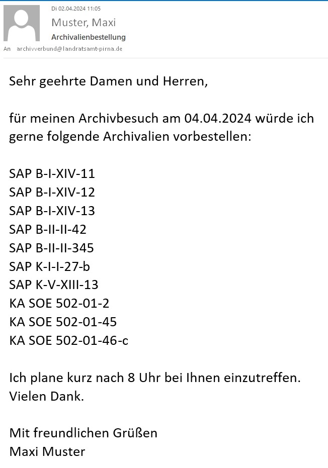 Beispielhafte Darstellung einer Email zur Bestellung von Archivalien des Archivverbundes Pirna