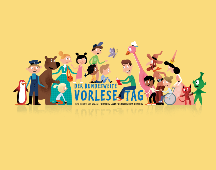 Illustration Der bundesweiteVorlesetag Eine Intitiative von Die Zeit, Stiftung Lesen, Deutsche Bahn Stiftung