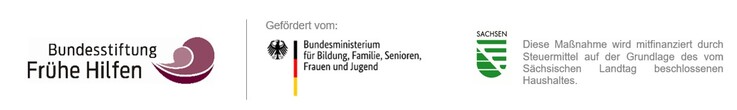 Logos der Bundesstiftung Frühe Hilfen, des Bundesministeriums und des Landes Sachsen