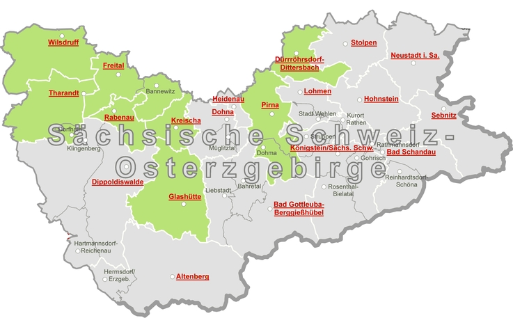 Karte der im Archivverbund vorhandenen Standesämter (grün) und der bei den Gemeinden verbliebenen Ständesämter (grau) im Landkreis Sächsische Schweiz-Osterzgebirge
