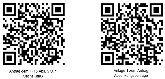 Die hier enthaltenen QR-Codes führen zum Online-Antrag Geltendmachung von Absenkungsbeiträgen gem. § 15 Abs. 5 S. 1 SächsKitaG. Weiter unten auf dieser Seite sind diese noch einmal als Links erreichbar.ten.