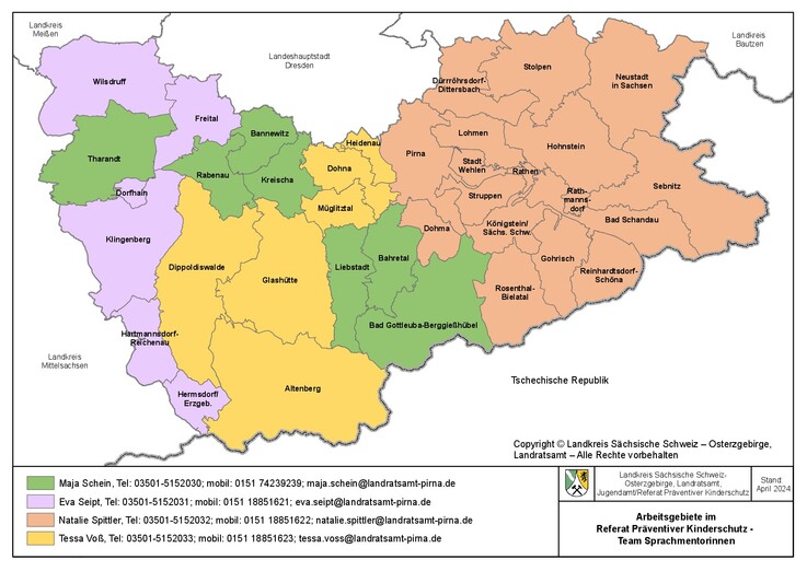 Landkreiskarte mit farbig unterlegten Territorien der Zuständigkeit der Sprachmentoren