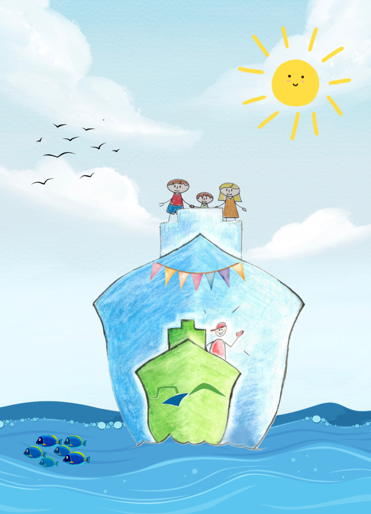 2 Schiffe mit einer Familie auf dem großen Schiff und dem Verfahrenslotsen auf dem kleinen Schiff.