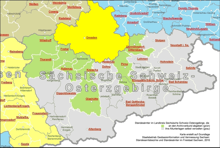 Karte des Landkreise Sächsische Schweiz-Osterzgebirge mit den im Archivverbund vorhandenen Standesämtern sowie Standesämter, die ihre Altunterlagen selbst verwalten
