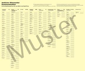 Stimmzettel (gelb) mit Parteien, Namen und Möglichkeit anzukreuzen. Darüber quer das Wort Muster