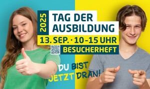 Auf dem Bild sind zwei junge Menschen zu sehen, die ermuntern, die Messe zu besuchen.