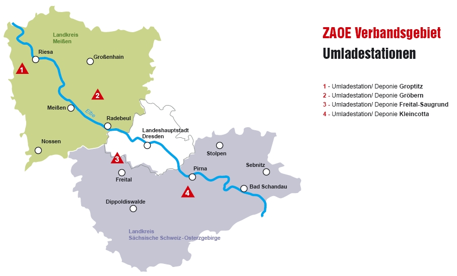 Verbandsgebiet des ZAOE mit Umladestationen