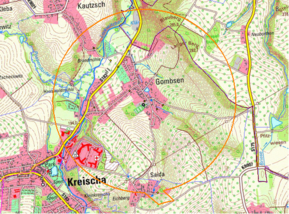 Karte von Gombsen, Nähe Kreischa mit rotem Ring um das betroffene Gebiet