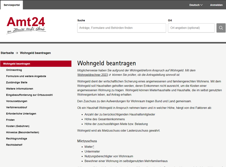 Website Amt 24 Wohngeld beantragen